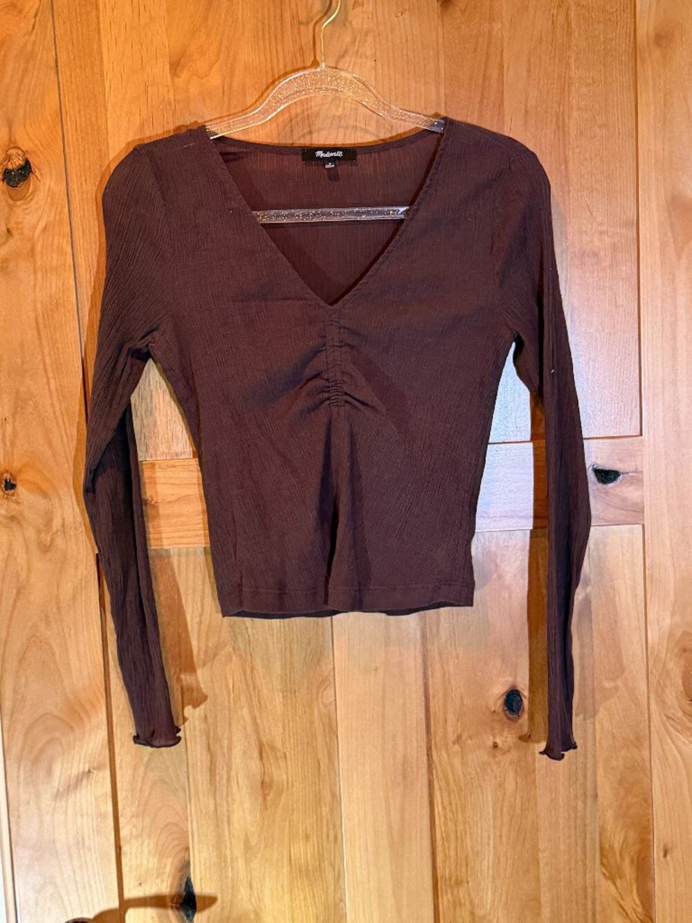 Madewell Brown Ribbed Ruched Long Sleeve Top Medium